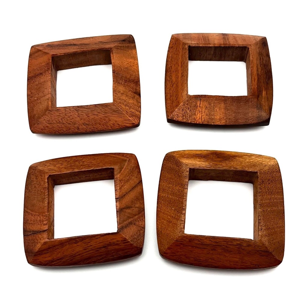 Vintage Square Wooden Napkin Rings Handmade Teak Wood MCM 2.5"‎ Wide - Set Of 4